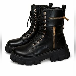 Fashion Nova Black Combat Boots with Gold Zippers Size 6 Womens